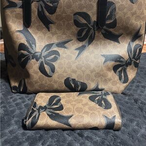 COACH Elegant Bow Patterned Tan and Black Tote Bag